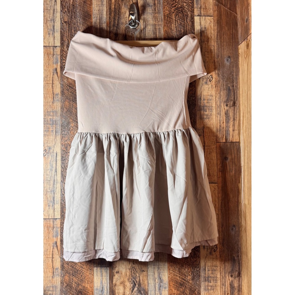Apricot Beige Off-Shoulder Dress, Ribbed Bodice, Sleeveless Mini Dress, Size M